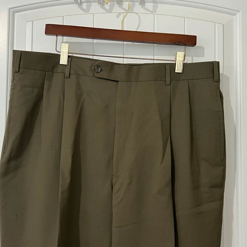 Jos A Bank Mens 38L Olive Green 100% Wool Double Pleat Cuffed Dress Pants